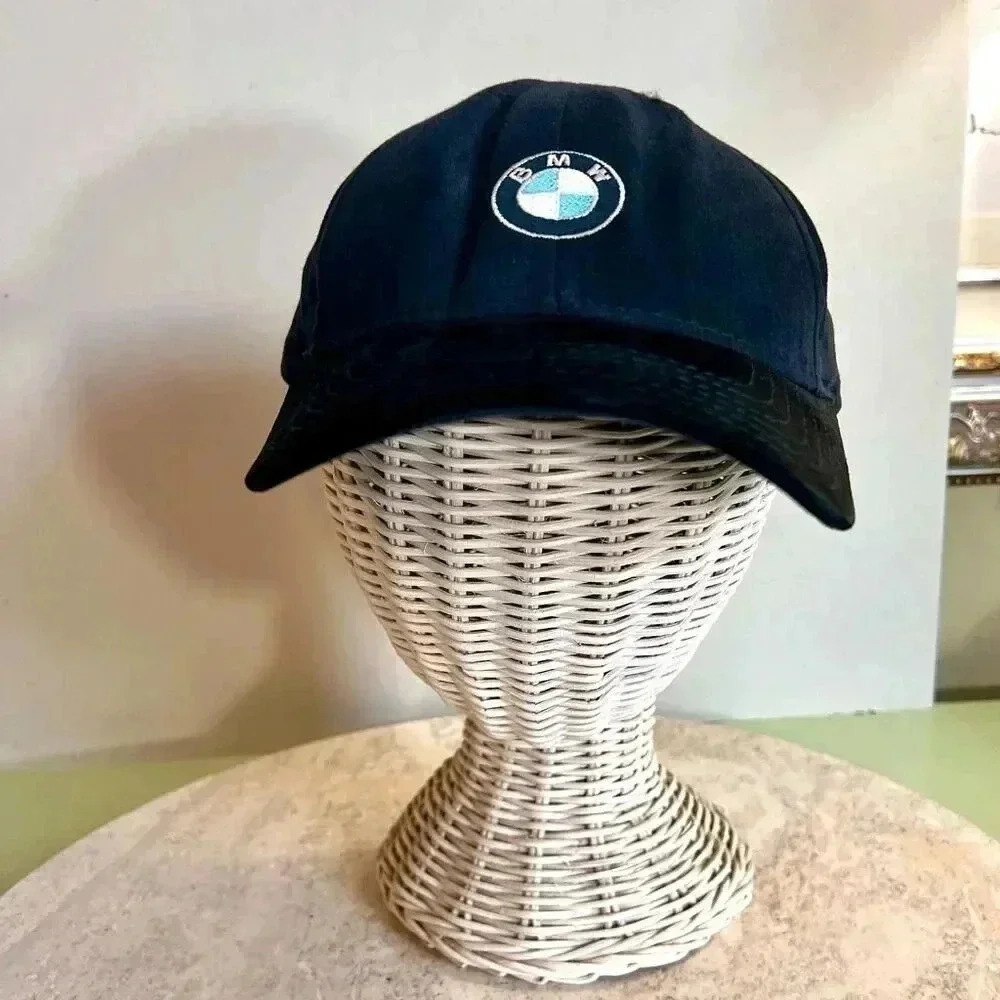 Vintage BMW Logo Mens Womens Hat Cap Black Suede Leather Bill Adjustable Size